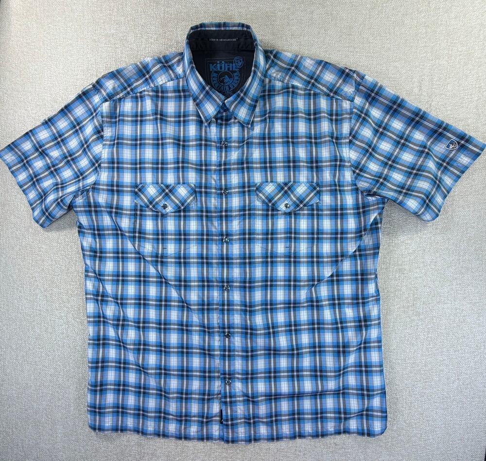 Kuhl Men 2XL Blue Gray Plaid Snap Front Short Sleeve Outdoor Hiking Shirt Casual